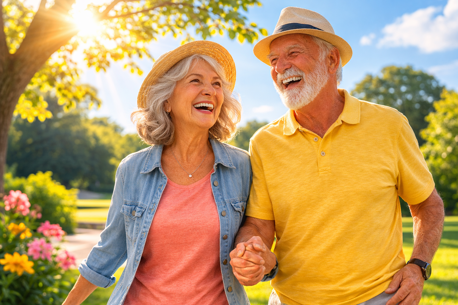 Casal idoso sorrindo ao ar livre em dia ensolarado